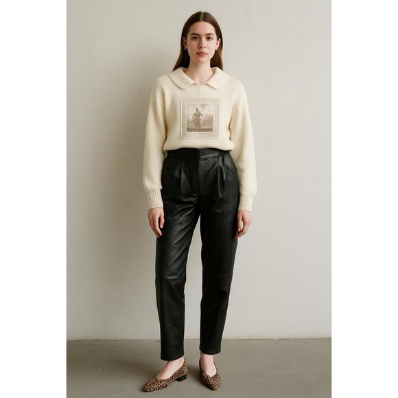 Vintage 1980s d’Linea Lack Leather Skinny Pants – Black Printed Design, Waist 26 - Picture 2 of 10